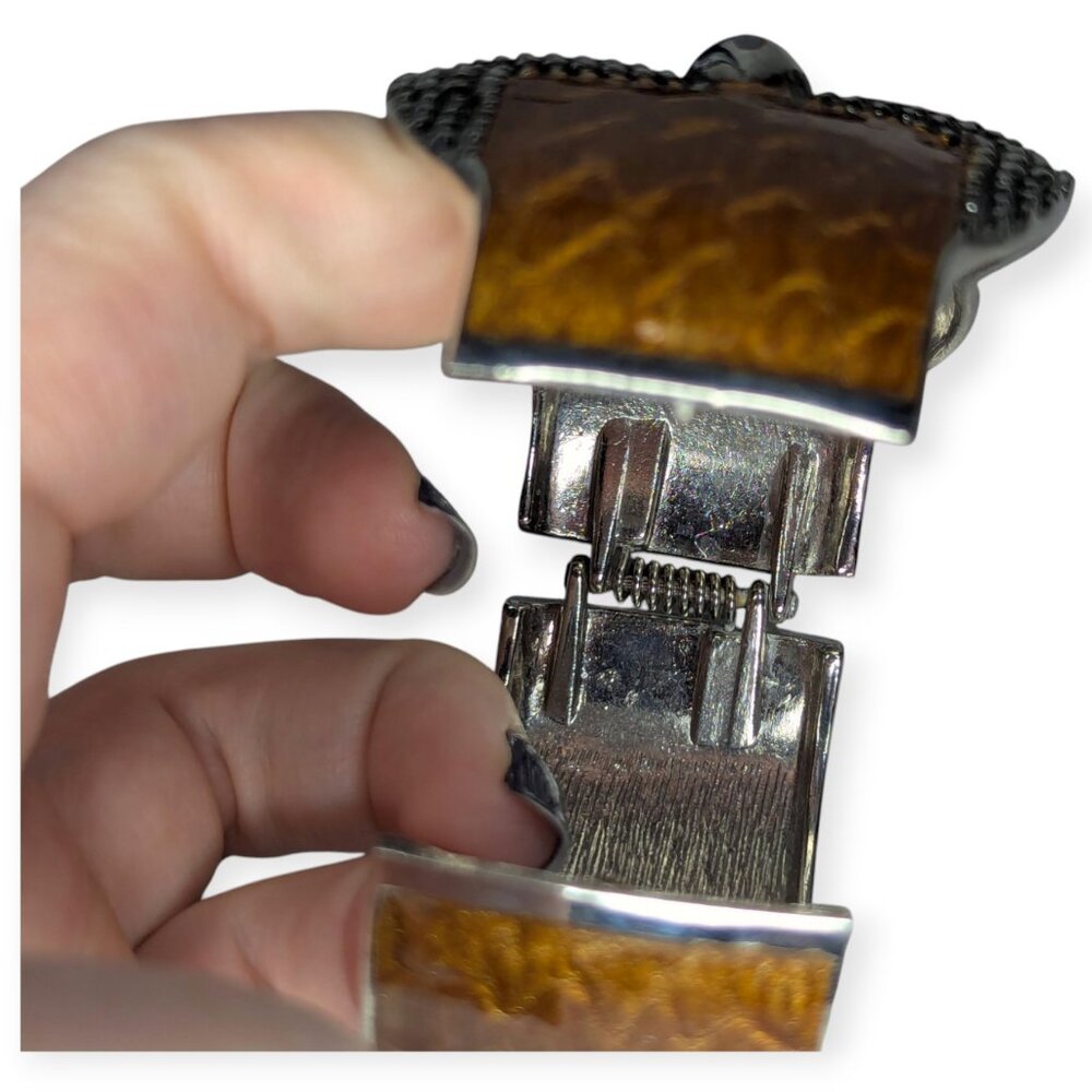 Wide Owl Cuff Silver Tone & Brown Accent Bangle Bracelet Hinged Fashion Jewelry - Picture 6 of 11